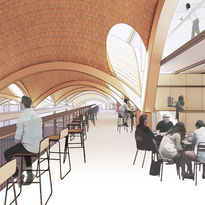 Terraces extend from work spaces, fablab, cafe