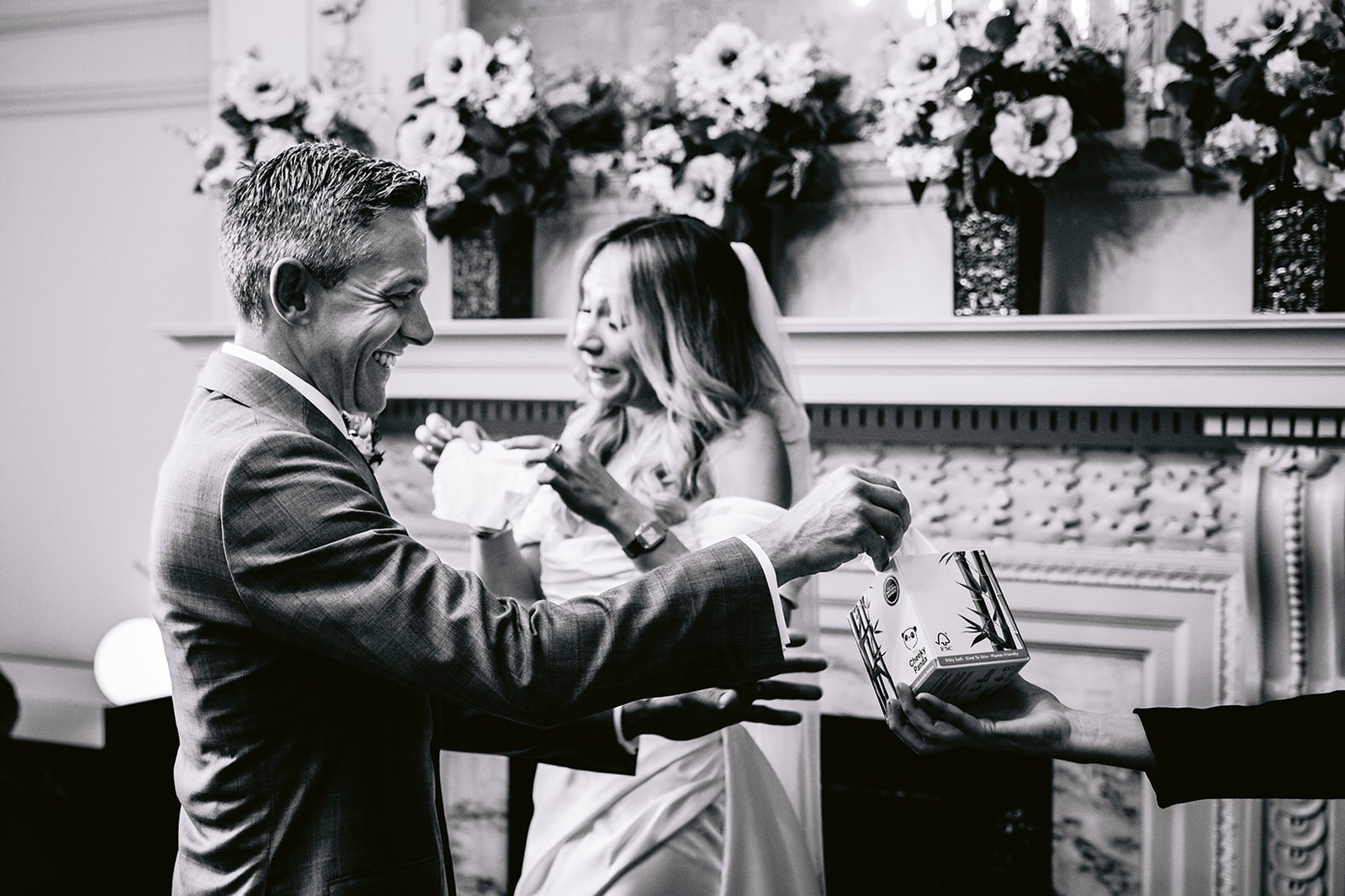 The Old Marylebone Town Hall Wedding Ruth Buscombe and Nathan Divey in Pimlico Room Black and White