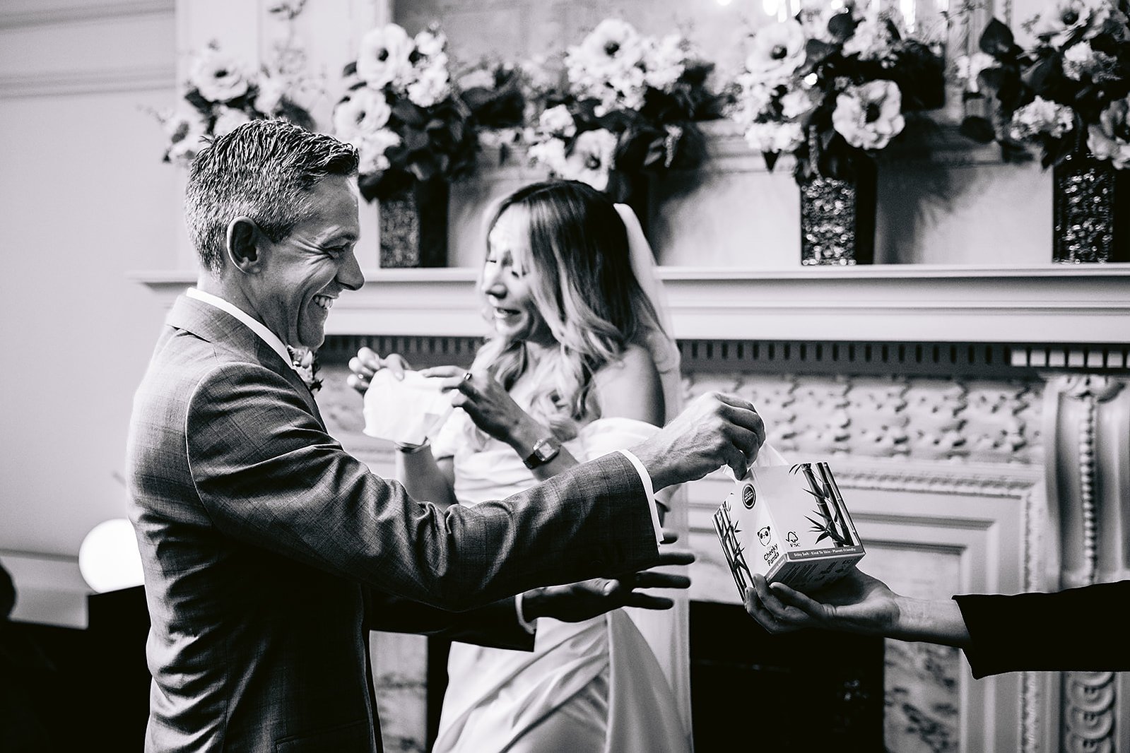 The Old Marylebone Town Hall Wedding Ruth Buscombe and Nathan Divey in Pimlico Room Black and White