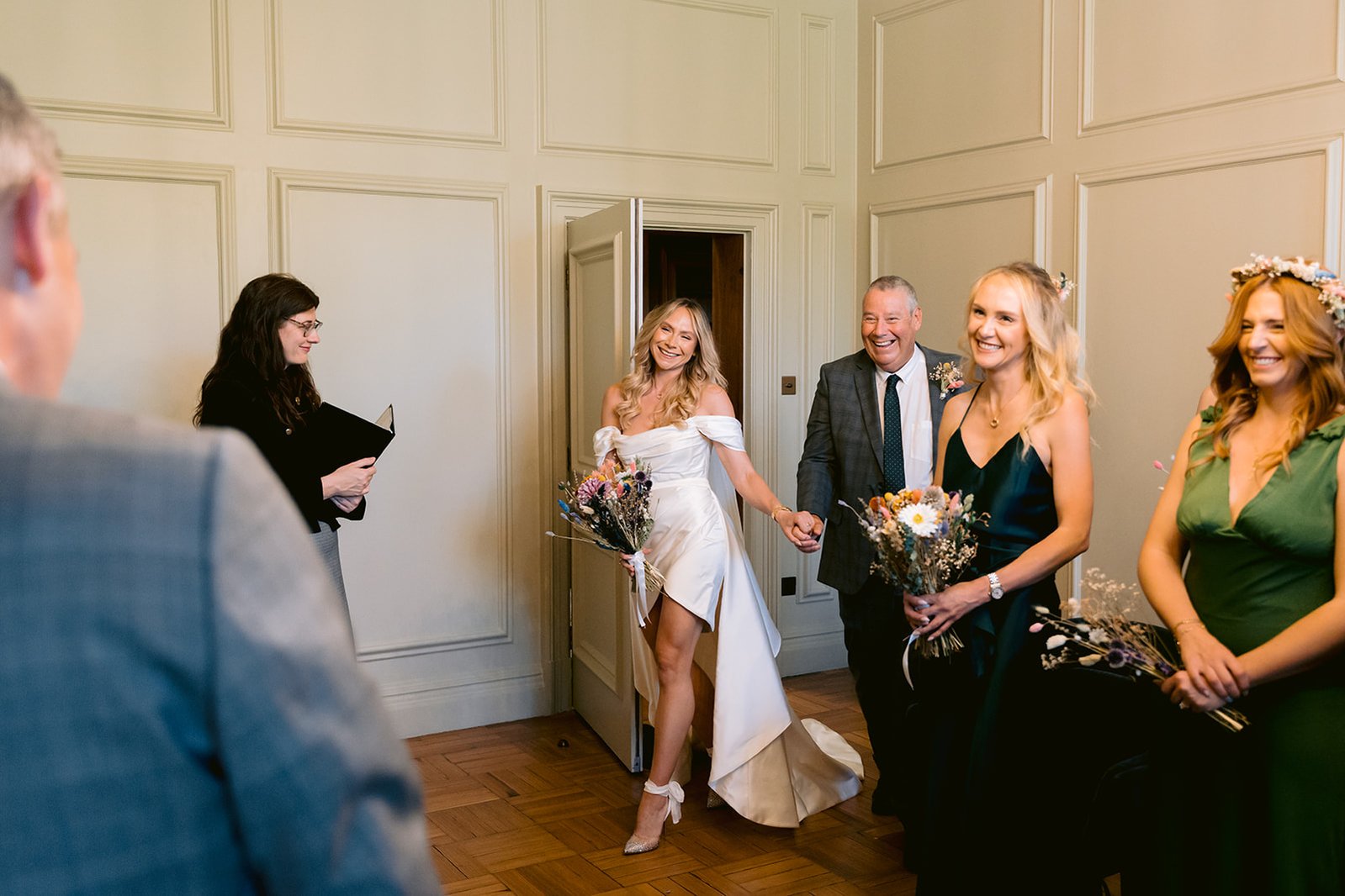 The Old Marylebone Town Hall Wedding Ruth Buscombe entering Pimlico Room 