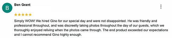 5 Star Google Review for Gino Zisa Photography