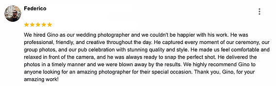 5 Star Google Review for Gino Zisa Photography