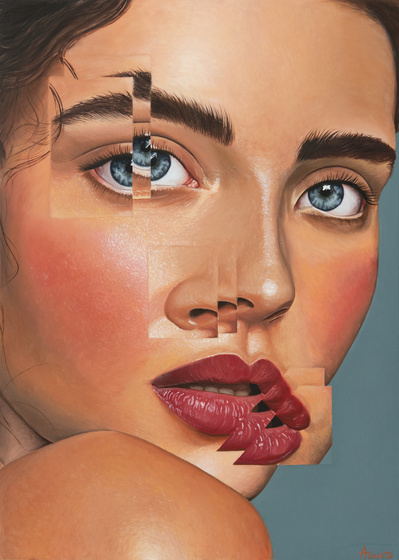 blue eyes red lips model realistic portrait