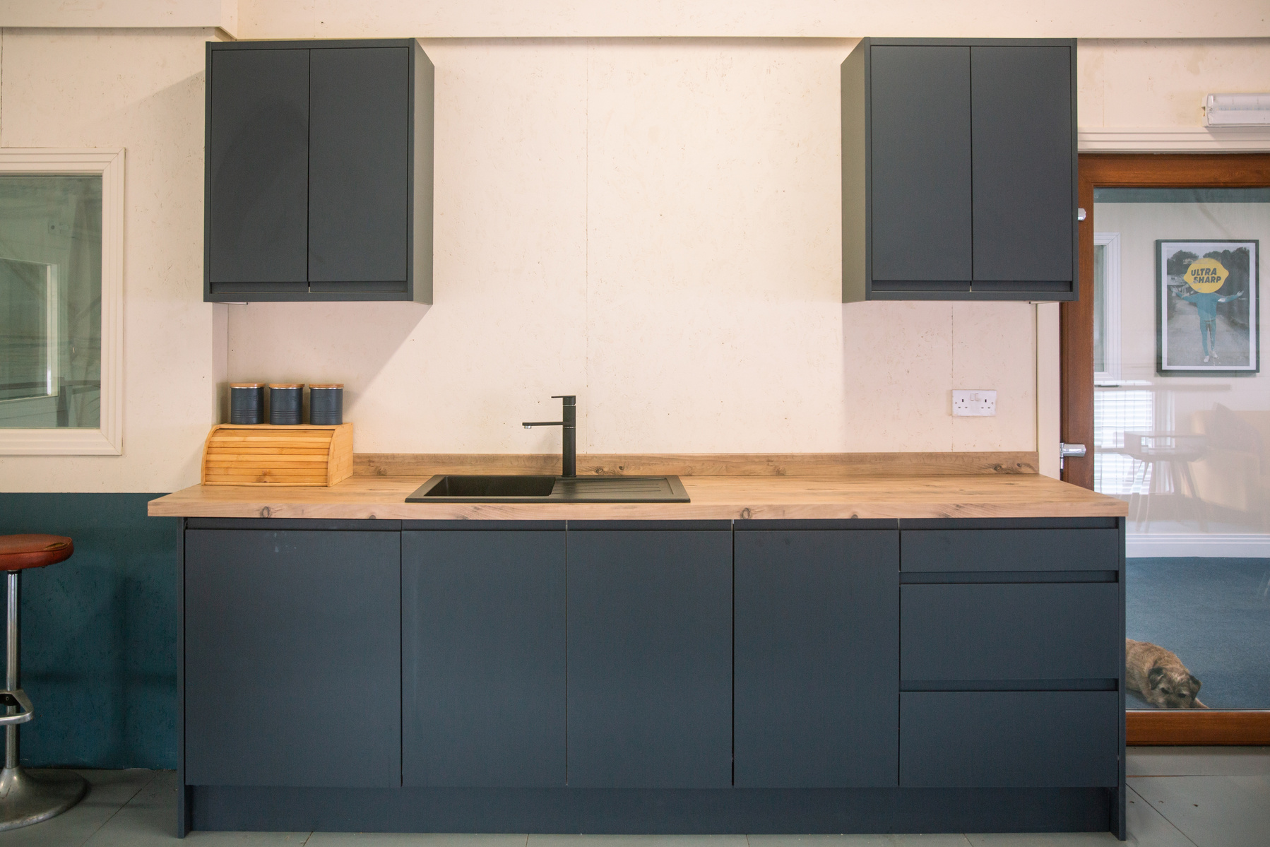 Ultra Sharp Studios mezzanine blue kitchen