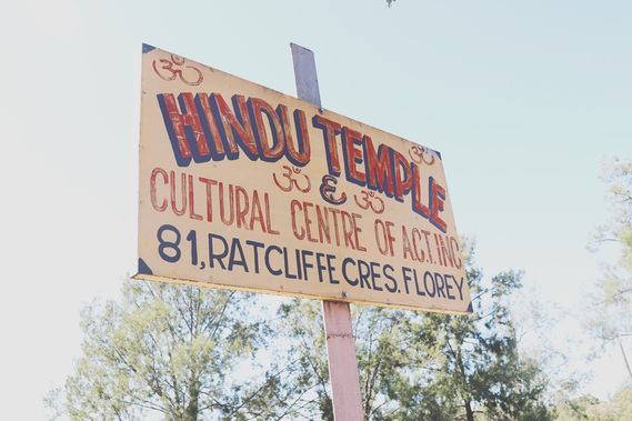 Sign for Florey Hindu temple. 