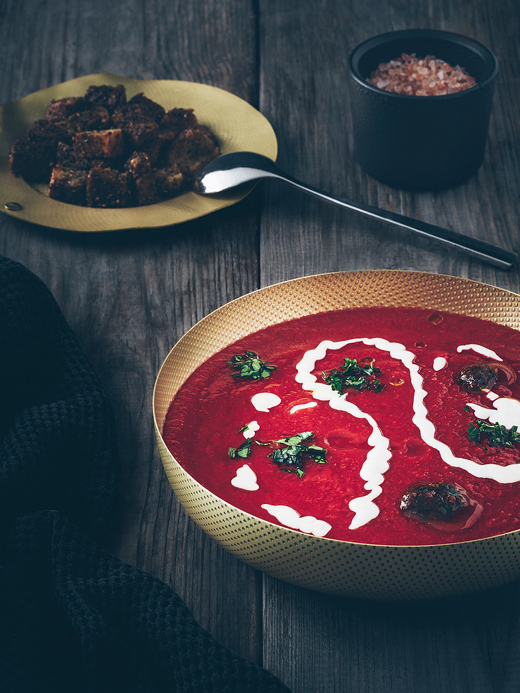 Levantini Gazpacho with tahini cream and za’atar croutons