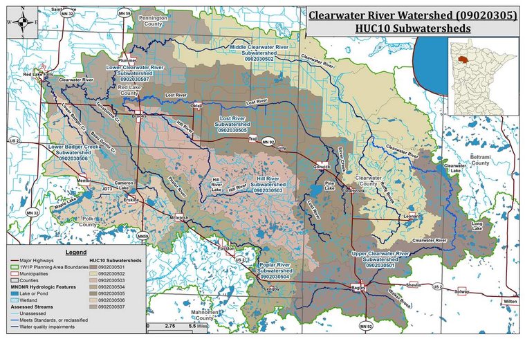 Map of the Clearwater River Watershed and its subwatersheds. Clicking on the map will bring you to the official One Watershed One Plan Website for the Clearwater River. 