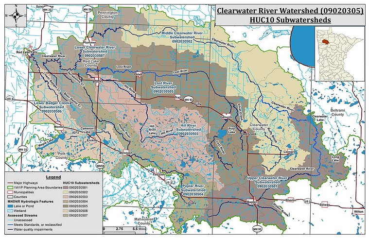 Map of the Clearwater River Watershed and its subwatersheds. Clicking on the map will bring you to the official One Watershed One Plan Website for the Clearwater River. 