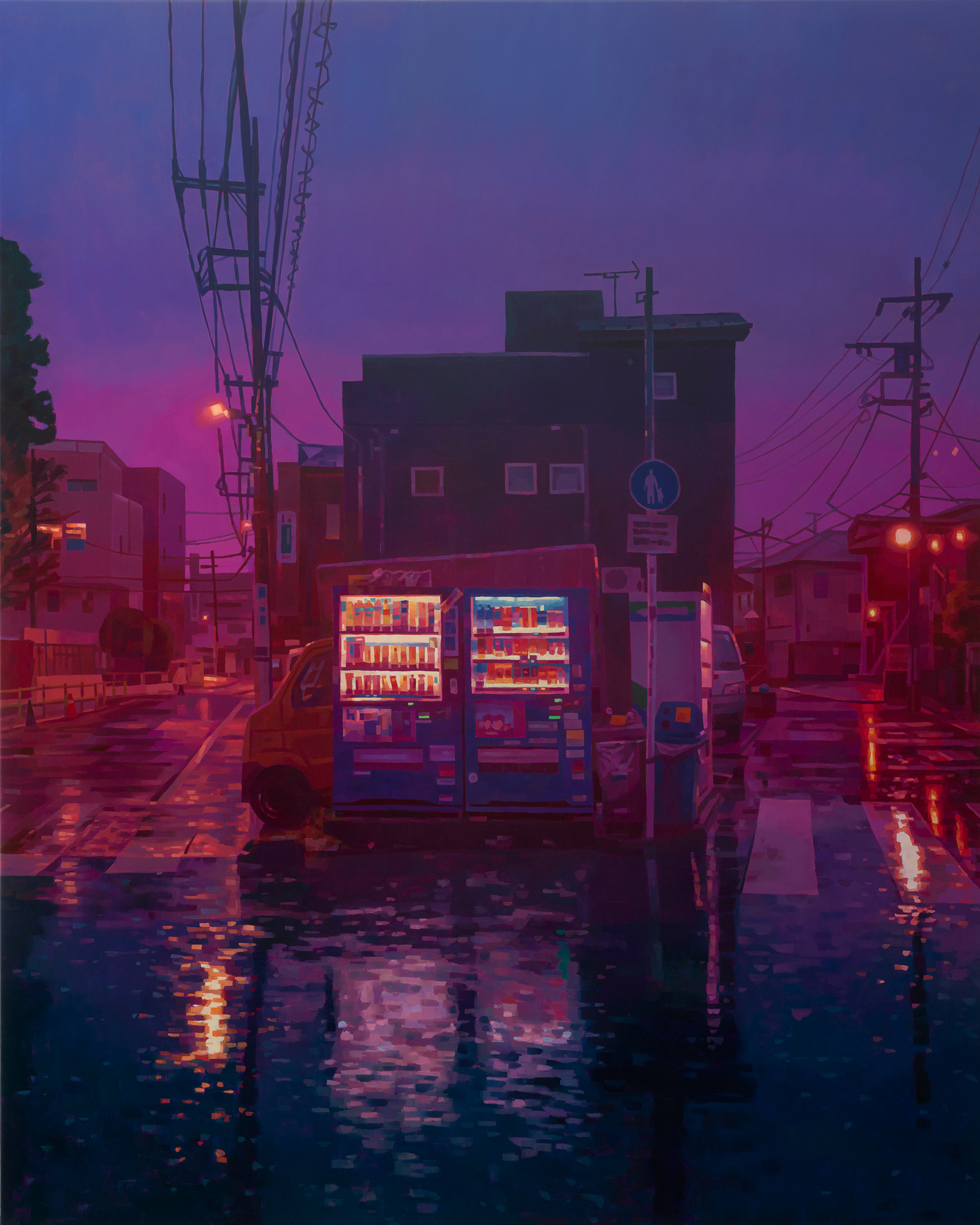 A Morimoto painting of a street scene at dust, with a street wet from rain, and a food or snack truck facing the viewer. The painting ist mostly in pink and purple tones