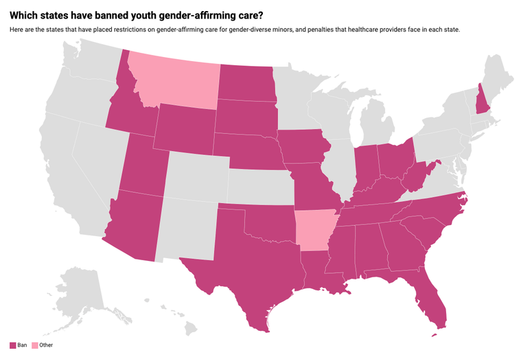 These States Have Banned Youth Gender-Affirming Care - Interactive map highlights penalties that healthcare providers face

