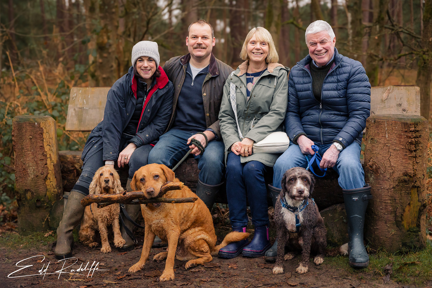 Group of four adults seated outdoors on a wooden bench with three dogs in a forest during autumn. Casual attire, natural setting, and relaxed atmosphere with two retrievers and one mixed-breed dog.