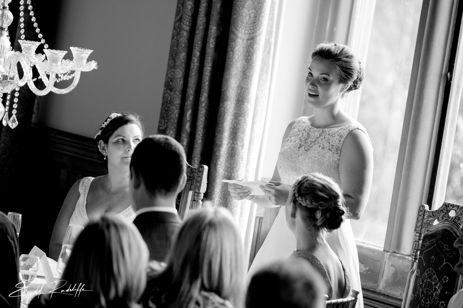 Bride gives speech at Carlton Towers, Yorkshire for Edd Radcliffe Photography - documentary style wedding photography