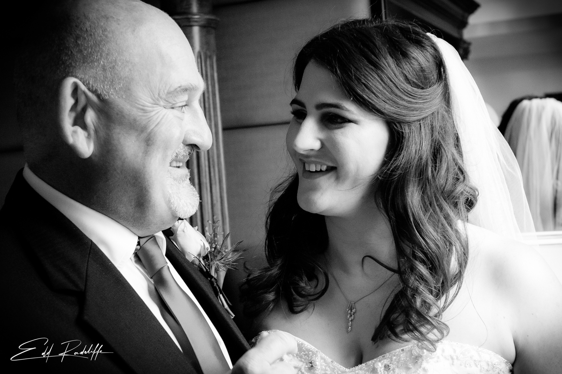Bride and Father share a happy smile Chiswell Street Dining Rooms, Islington for Edd Radcliffe Photography - documentary style wedding photography