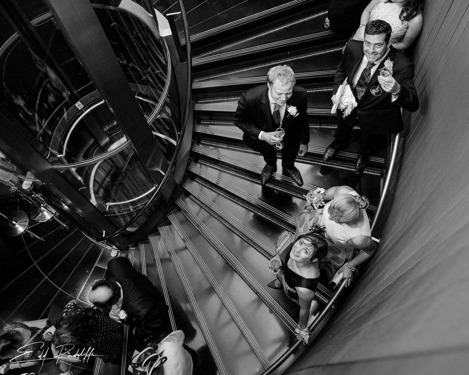 Wedding Guests on spiral staircase at the Gherkin, St Marys Axe, London for Edd Radcliffe Photography - documentary style wedding photography