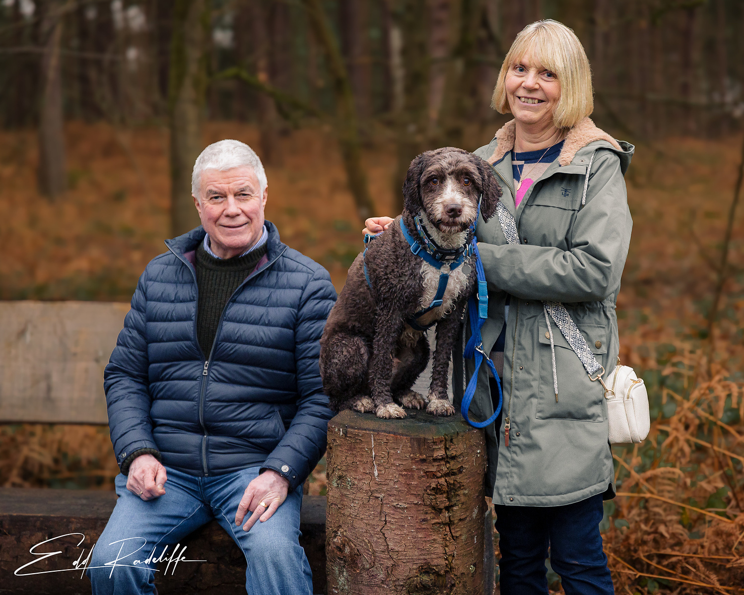 Elderly couple outdoors with a dog, seated on a bench and tree stump in a wooded area during autumn. The man wears a blue jacket, and the woman wears a green coat. Relaxed, natural setting.