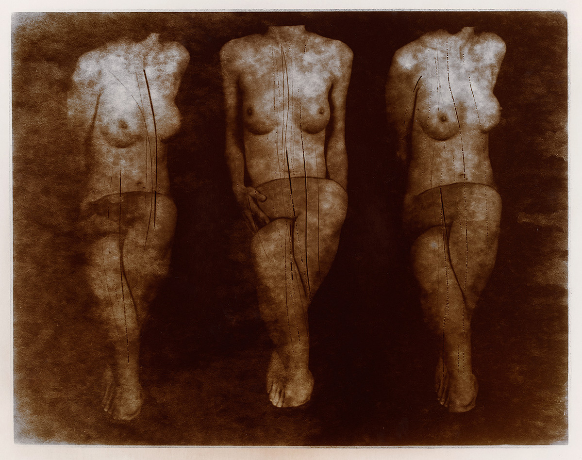 Black and white, sepia toned, calotype, silver gelatin, fine art, photograph titled "Three Scratched Torsos" by Robert Asman