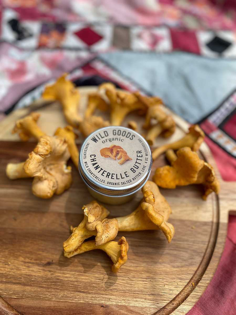 chanterelles on a cutting board ready to have a picnic with your chanterelle butter 