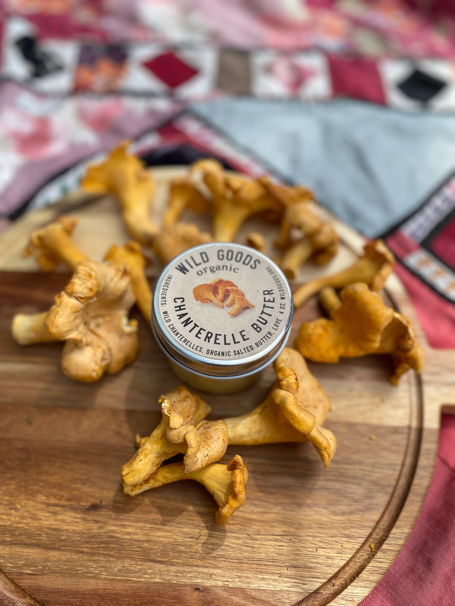 chanterelles on a cutting board ready to have a picnic with your chanterelle butter 