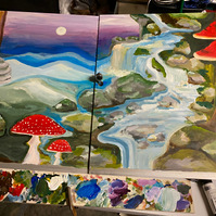 mushroom painting, psychedelic sunset moon rise reishi mountain stream Asheville amanita mascara ganoderma tsugae 
