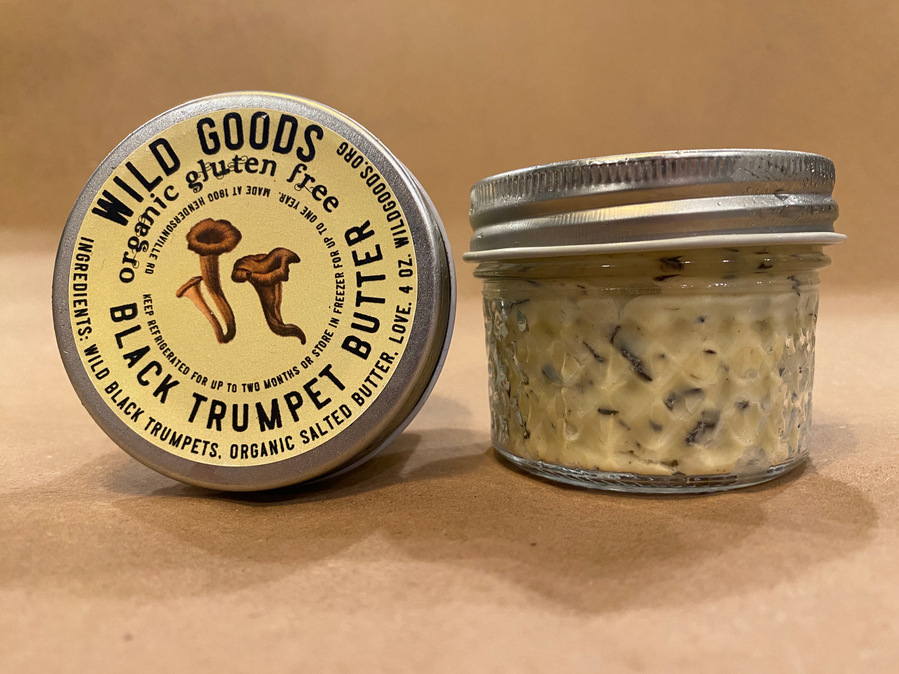 organic grass fed wild mushroom butter with black trumpets. perfect for a picnic or on sourdough 