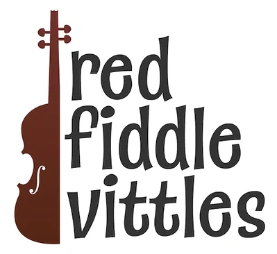 Red Fiddle Vittles - the best  Asheville Catering company. A red fiddle, with the business name on a white background. 