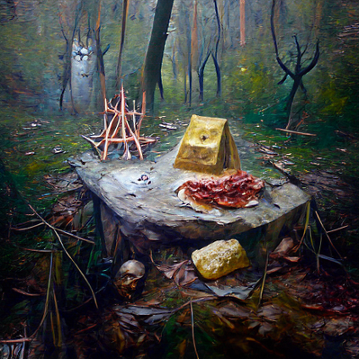 A.I. generated image.  Altar in woods. Text prompt was not related to scope of project.