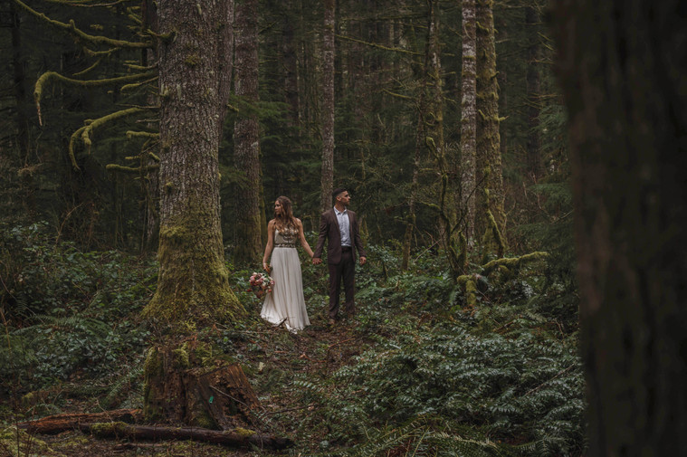 Couple in wedding attire stand in the moody forest of the Pacific Northwest before eloping.