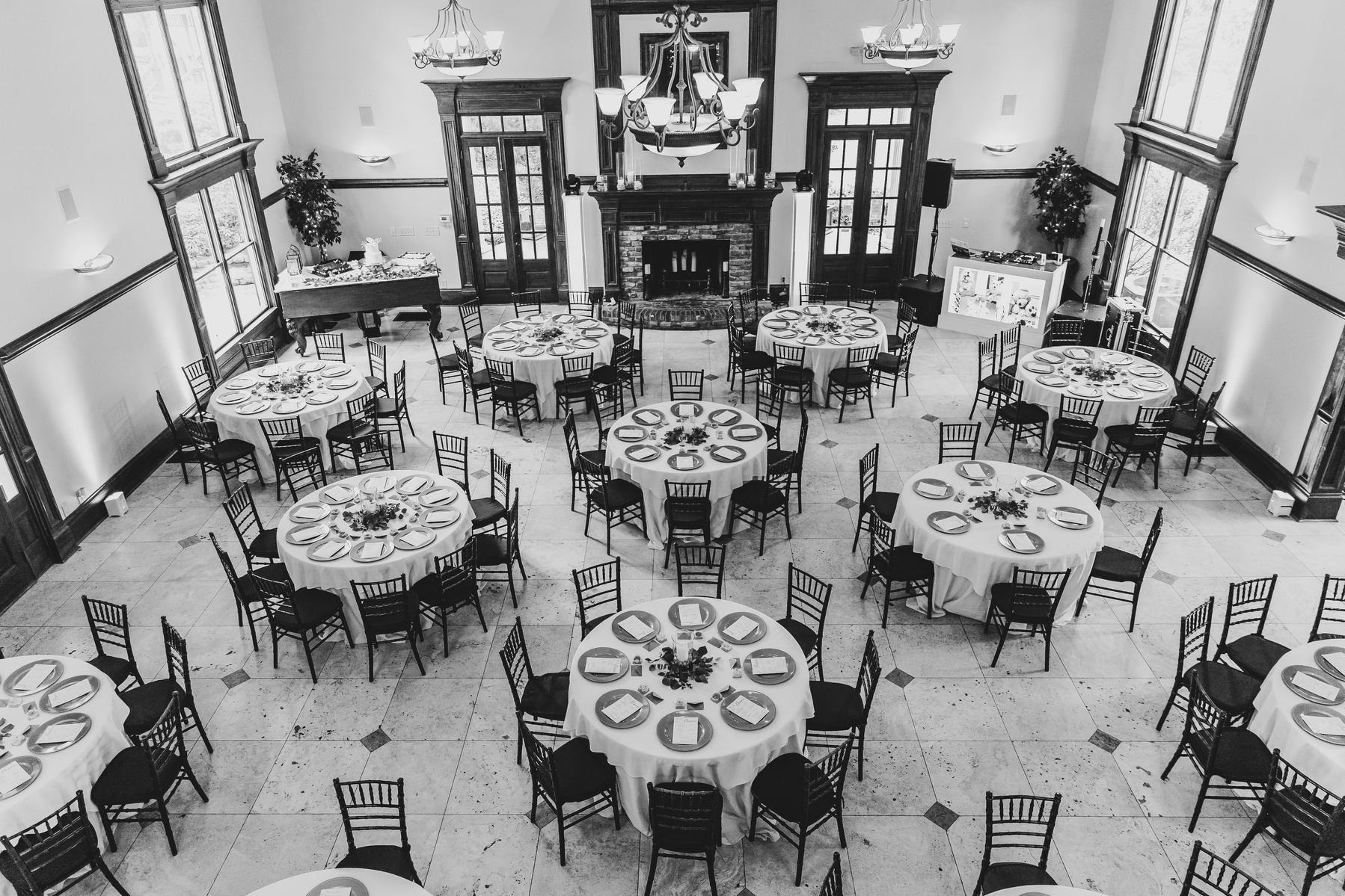black and white image of the reception room decorated, shot from above