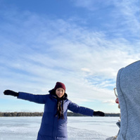 sliding on frozen lake on the mountain