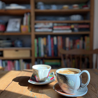 latte break on a sunny day with a bookshelf in the background