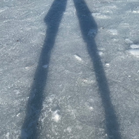 shadow of two people on frozen lake