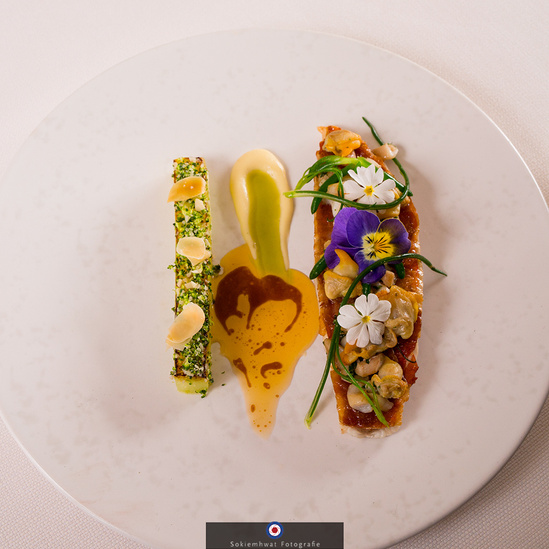 Red mullet and pata negra dish at Michelin star restaurant Parkheuvel, Rotterdam.