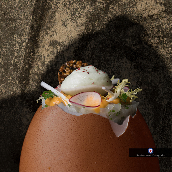 Easter dish food photograph experiment in eggshell.