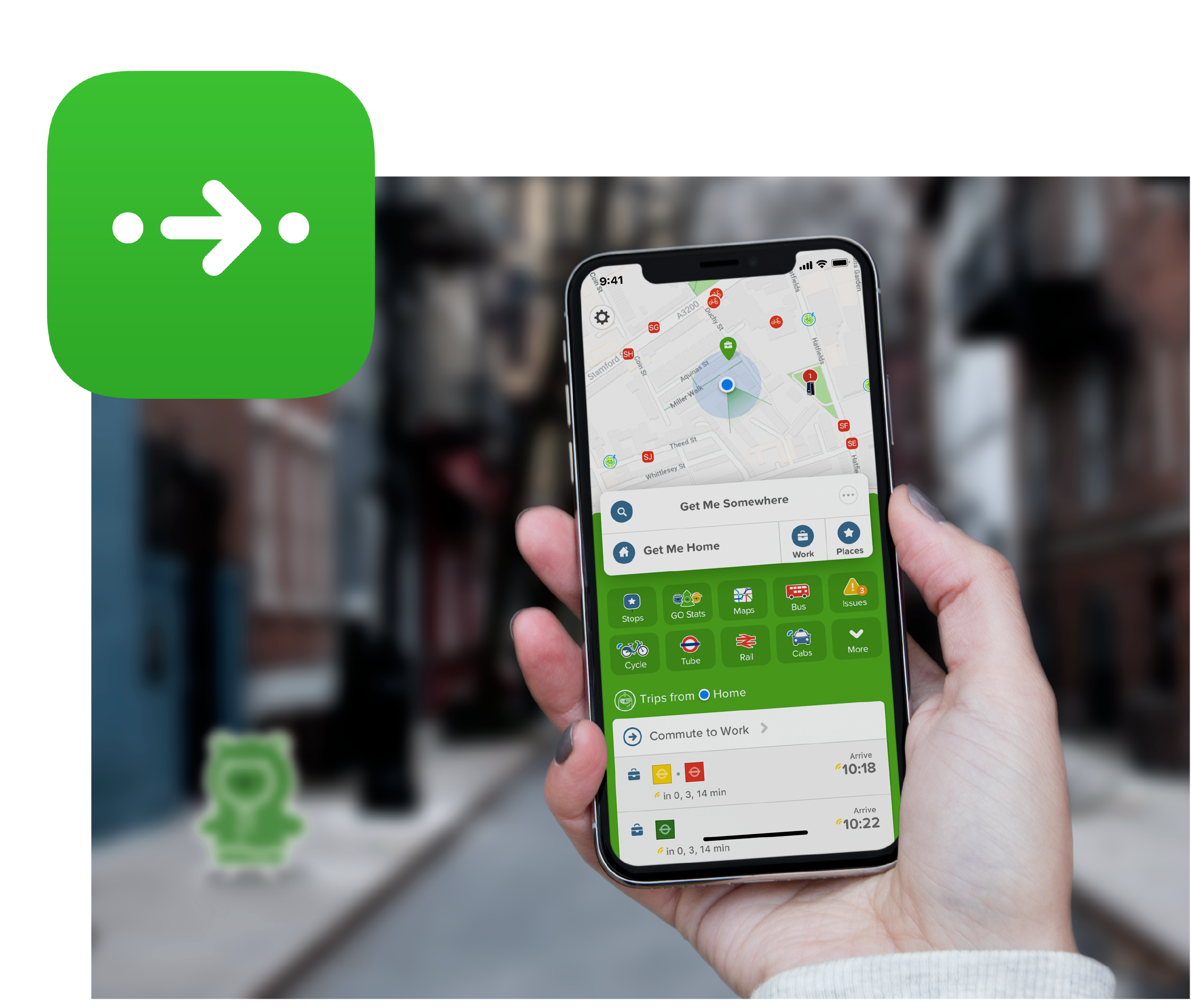 Hand holding phone showing citymapper app
