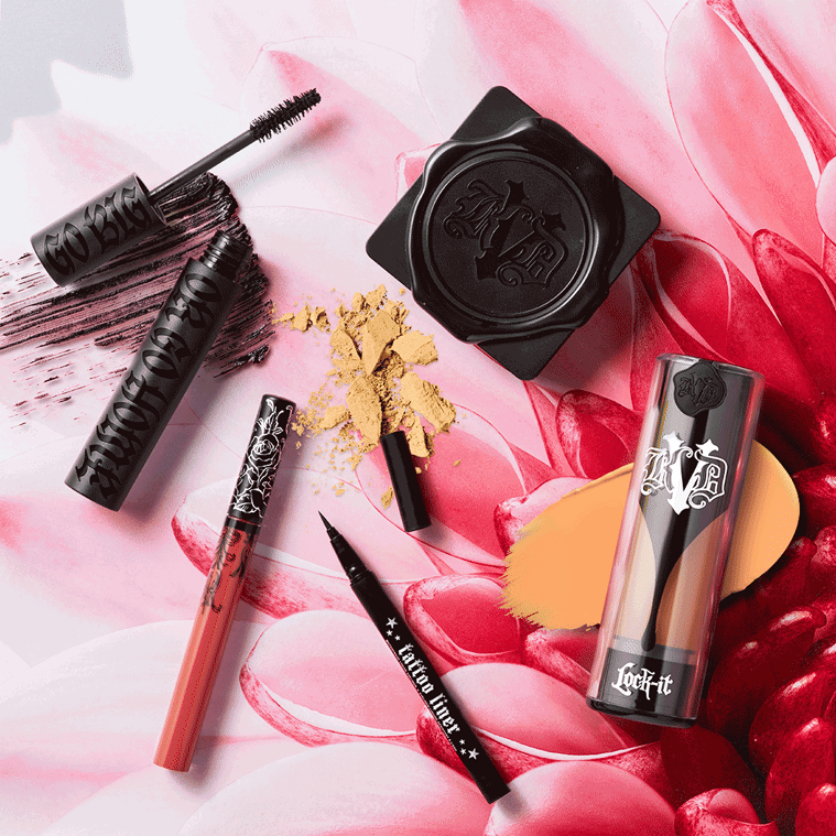 KVD Vegan Makeup and smudges were photographed and stop-frame animation on vibrant pink petals. With liquid foundation, powders and Mascara.
