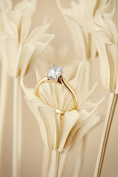 A beautifully composed image featuring a light gold-colored ring with a white stone, elegantly placed within a Flower Sculpture. This visually appealing scene is skillfully captured by David Lineton, an expert in jewelry still life photography in London.