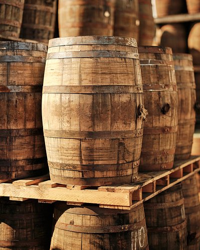 A wooden cask barrel stacked at The Balvenie Distillery tour in Dufftown, Inverness Scotland. 