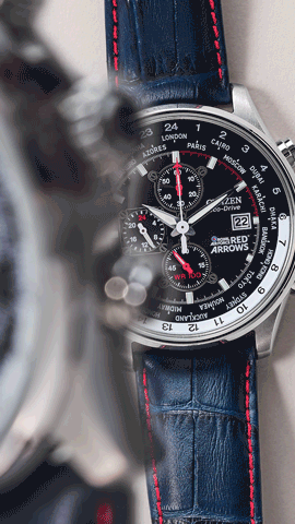 A slow pan and real of the Citizen Red arrow watch face for Esquires Big watch book. The Blue and red highlights make the timepiece stand out against the warming grey background