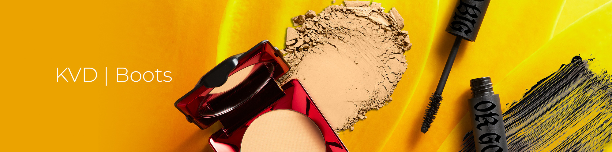KVD Vegan Makeup and smudges were photographed on vibrant yellow petals. With liquid foundation, powders and Mascara.