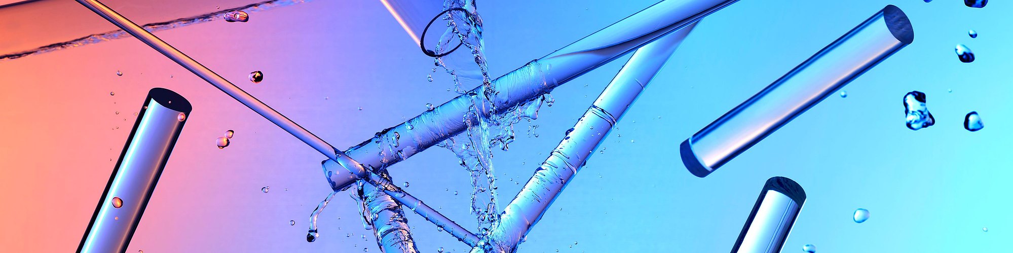 cascading water droplets fall on shafts of acrylic rods, Backlit through a diffusion screen a warm glow appears from the left of the frame.