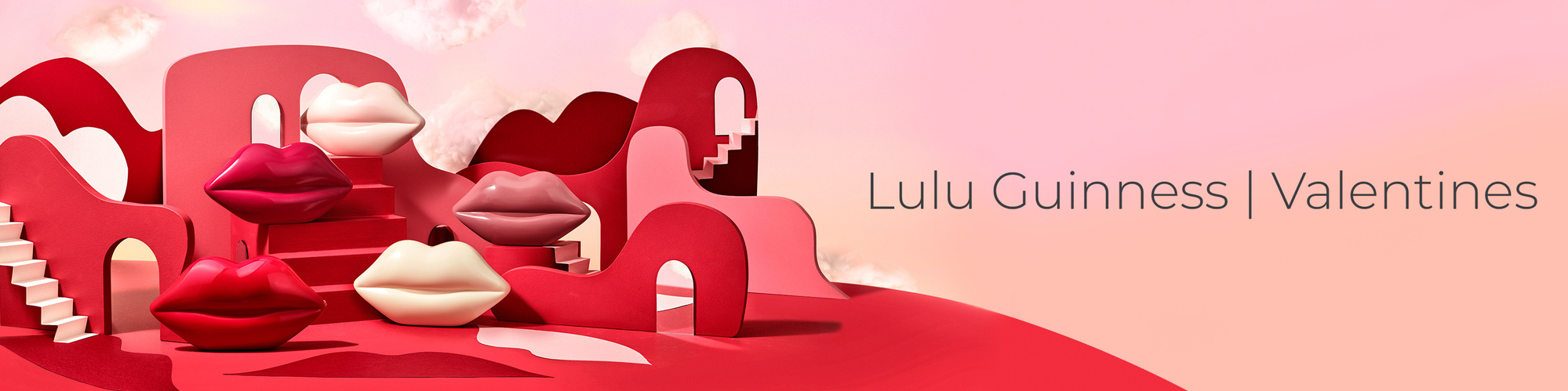 David Lineton Still Life Photographer Recent work with Lulu Guinness. Valentines Campaign on Cloud Lulu. Products sitting on curved vibrant red plinths and set. 
