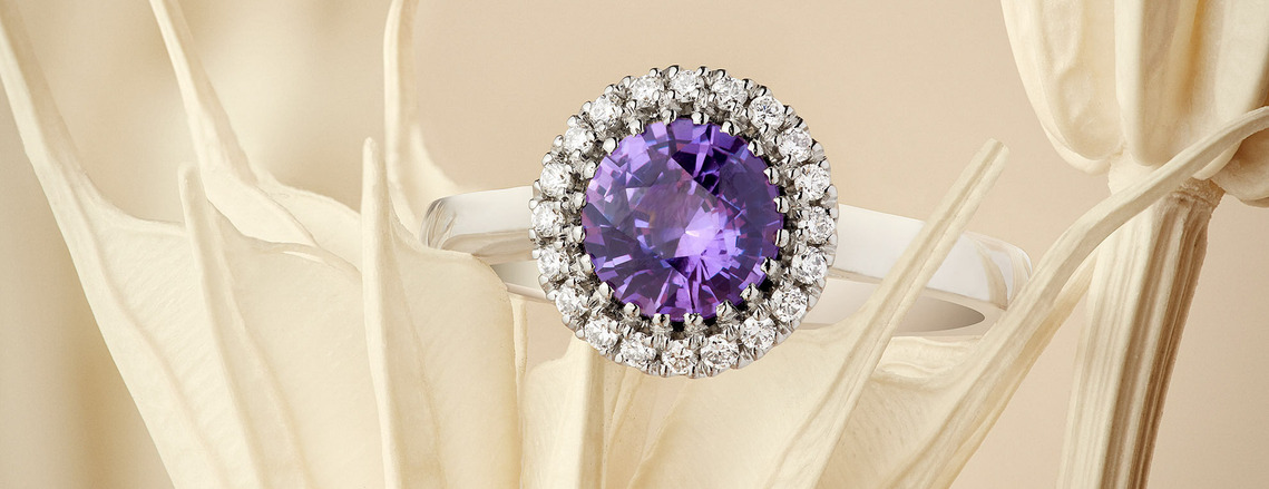 A rich purple sapphire gemstone sits within a diamond setting. The ring is placed on dried flower stems. The soft peachy tones offset the polished surfaces.