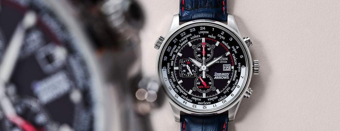 Citizen Watch, the Red Arrows addition framed by a macro blurred watch face close to the camera and the edge of the frame. Feature for Esquire Big Watch Book 2022
