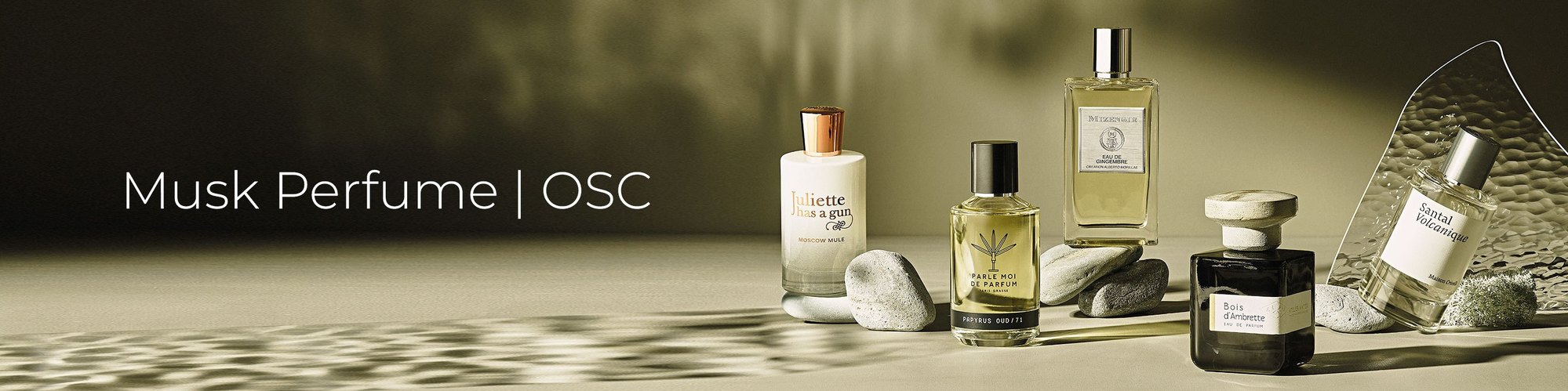 Still Life Fragrance and Perfume Photographer David Lineton London, Musk Perfume campaign with a green earthy tone featuring 5 fragrances, Mizensir, Juliette has a gun, Parle Moi De Parfum