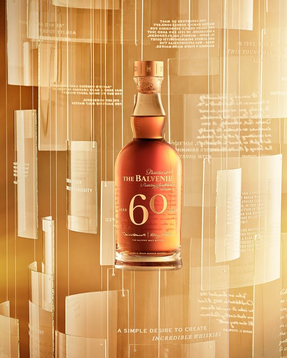 A Graphic Still Life Hero Key visual of The Balvenie 60 Year Old campaign. The bottle is surrounded by 5 layers of glass depicting the 60 years that David C Stewart has been at The Balvenie in Dufftown Scotland