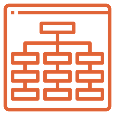 An orange icon of a tree data structure on a webpage with a blank background.