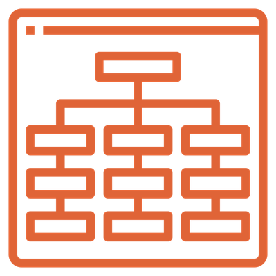 An orange icon of a tree data structure on a webpage with a blank background.