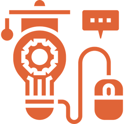 A vector orange icon with a light bulb wearing a graduate cap and a mouse on a blank background.