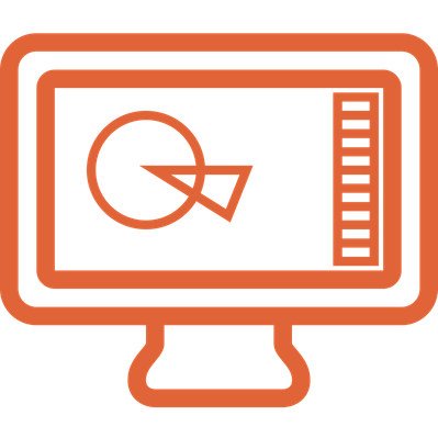 A computer monitor with orange design icons on it.