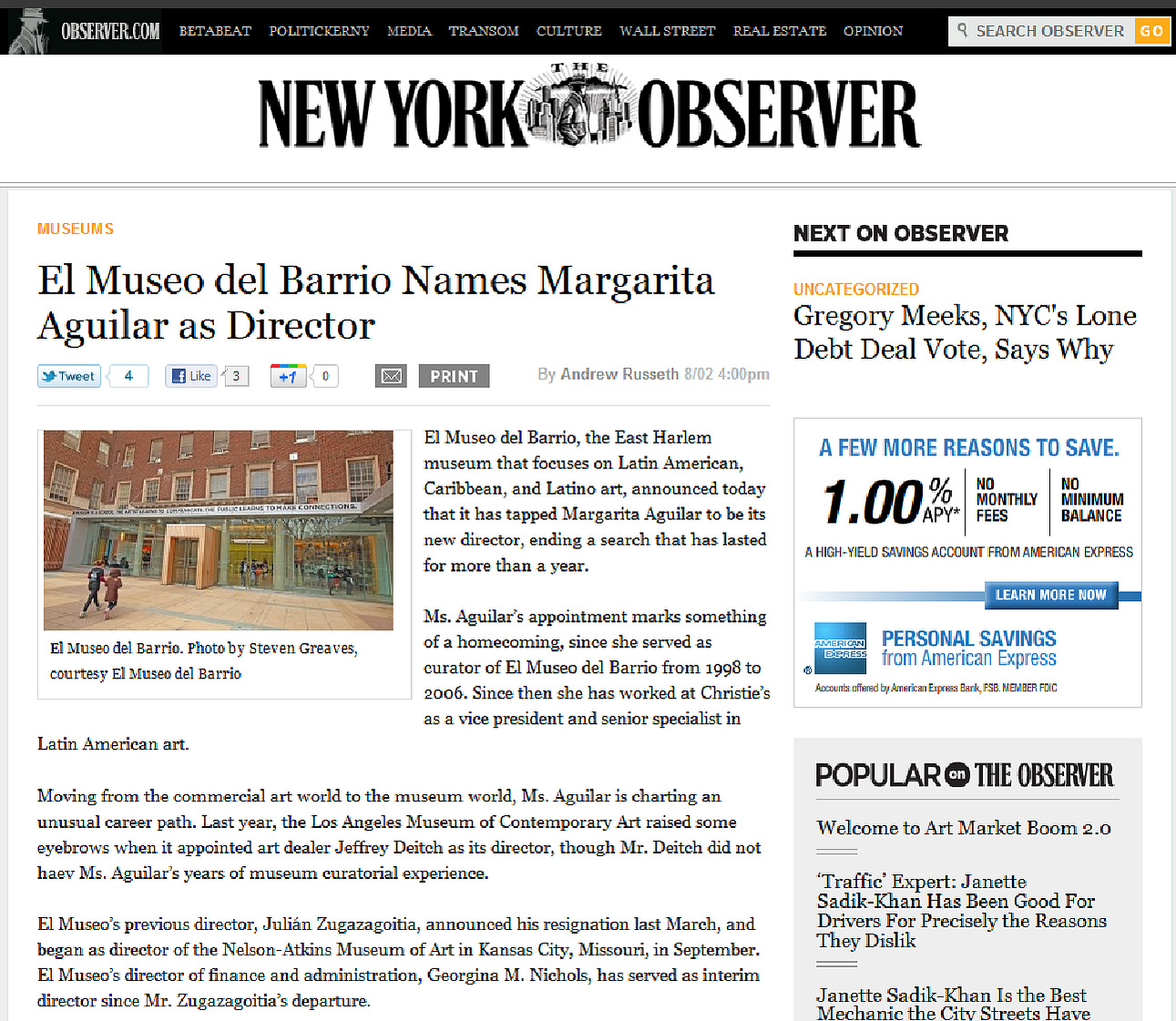 The New York Observer, "El Museo del Barrio Names Margarita Aguilar as Director." August 2, 2011.